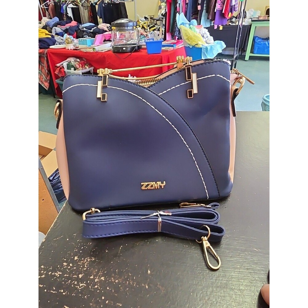 ZZMY Handbag Pink Dark Blue Crossbody Bag Gold Charm Hardware New